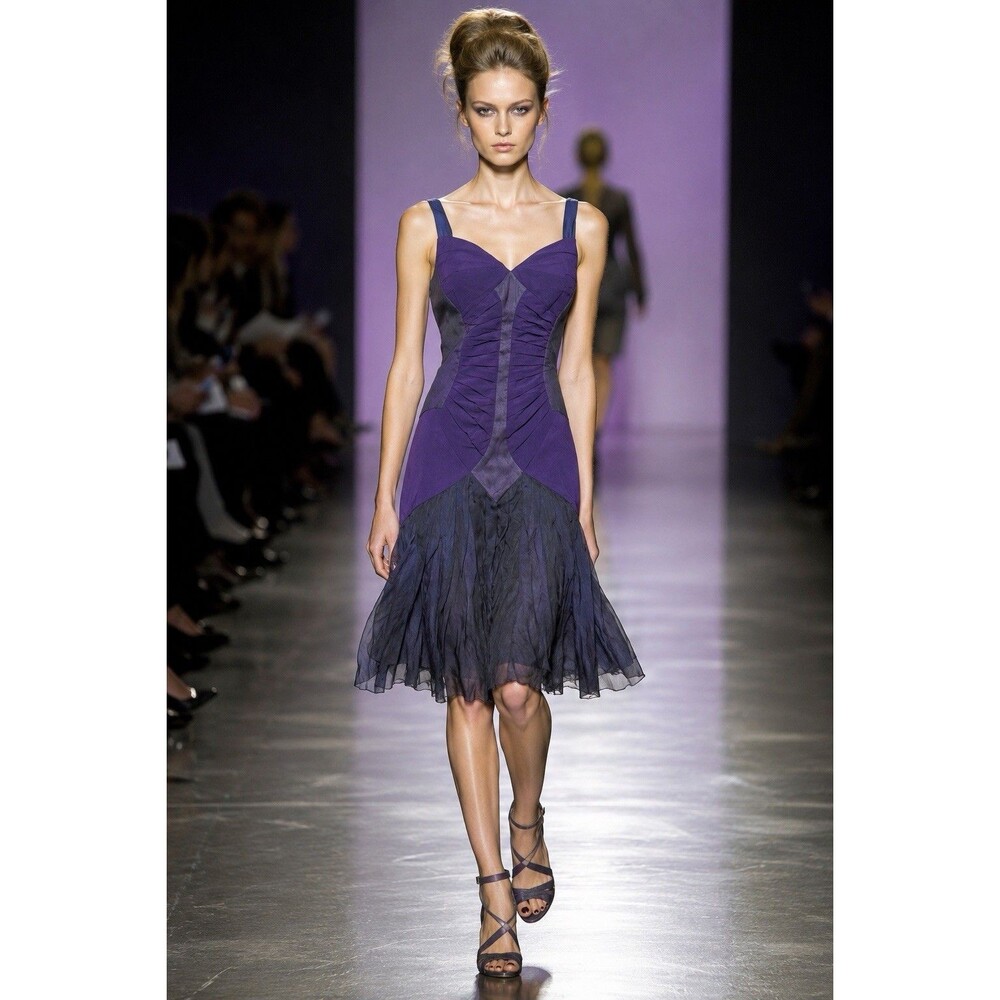 Zac Posen Purple Colorblock V-Neck Drop Waist Pleated Dress Archival